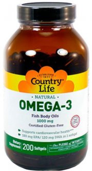 купить Жирные кислоты Country Life Omega-3 (Омега-3 рыбий жир) 1000 мг 200 капсул (015794044987)