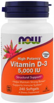 купить Витамины Now Foods Витамин D3 5000IU 240 желатиновых капсул (733739003737)
